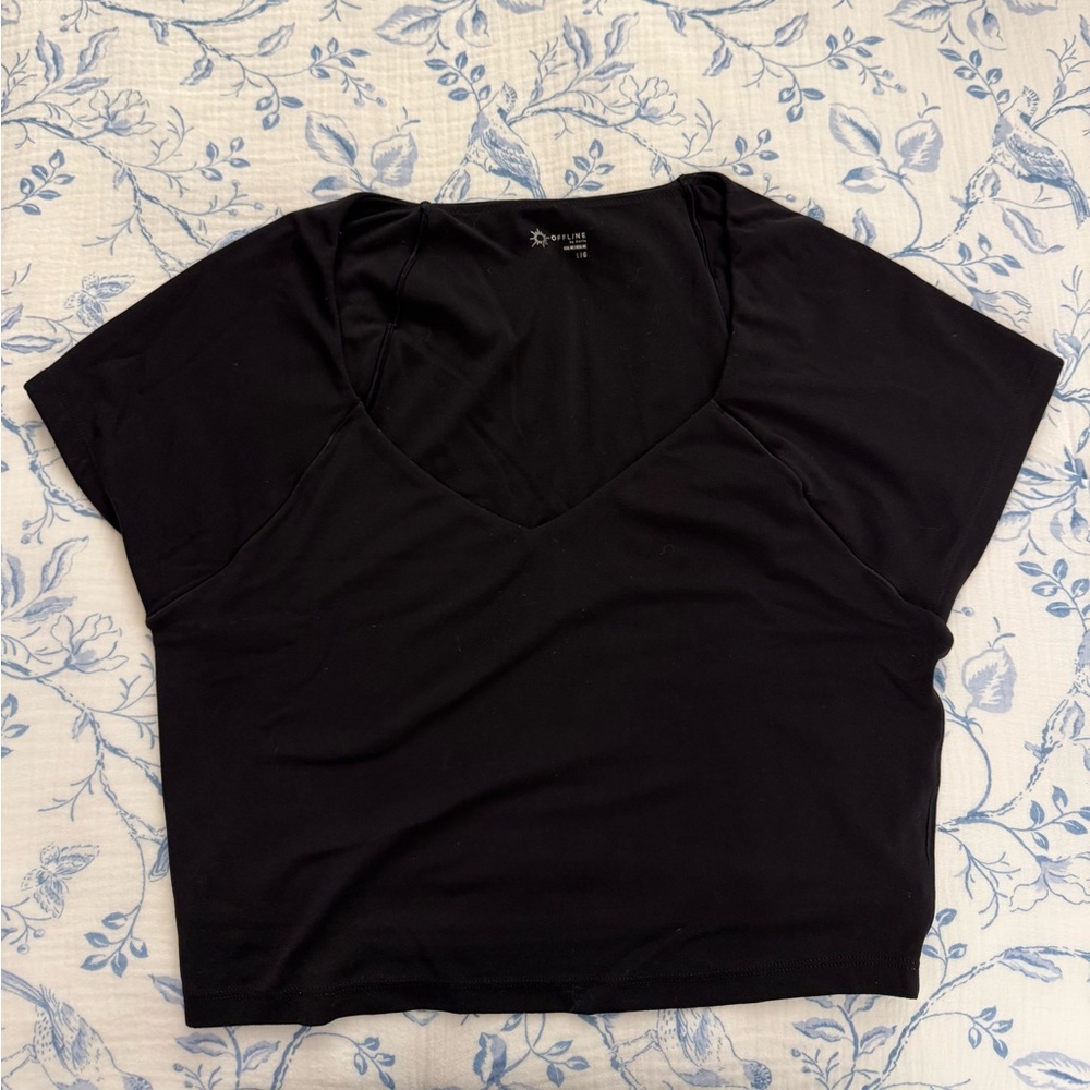 aerie offline real me Black V-Neck Crop Top